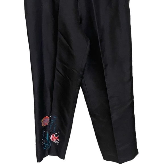 Black Raw 100% Silk Vintage Tropical Embroidered High Waist Capris Flat Front - Picture 5 of 9